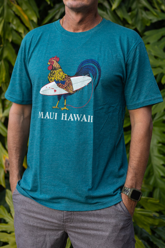 Maui Surfing Rooster Tri-blend Teal T-Shirt